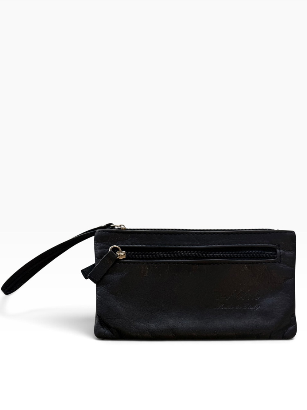 T-Nobile Black Italian Leather Wristlet Clutch 3 Compartments Made in Italy